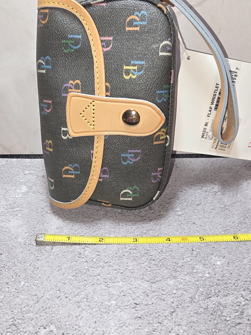 Vintage Dooney & Bourke Black Multicolor DB Wristlet with Tan Trim - Picture 2 of 10